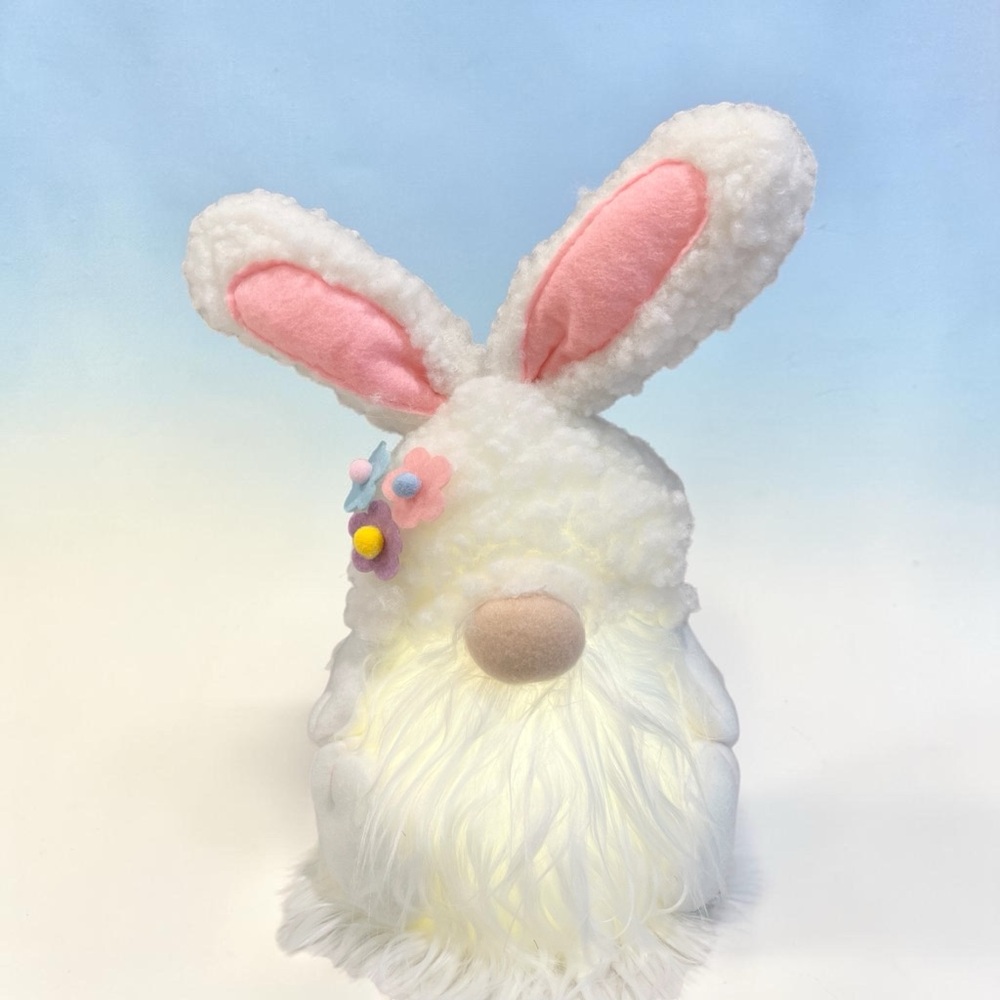 Plush Bunny Gnome Figurine with Pink Ears and Floral Accents